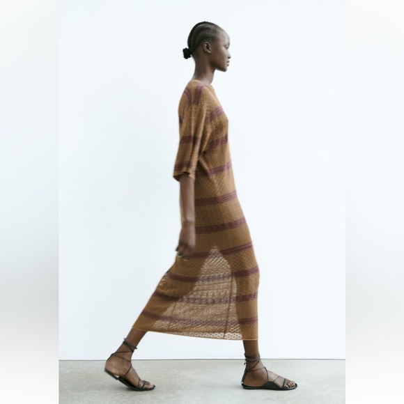 Zara LONG KNIT KAFTAN DRESS. Ocher Color. Size XS-S. New with Tags. - Picture 3 of 7
